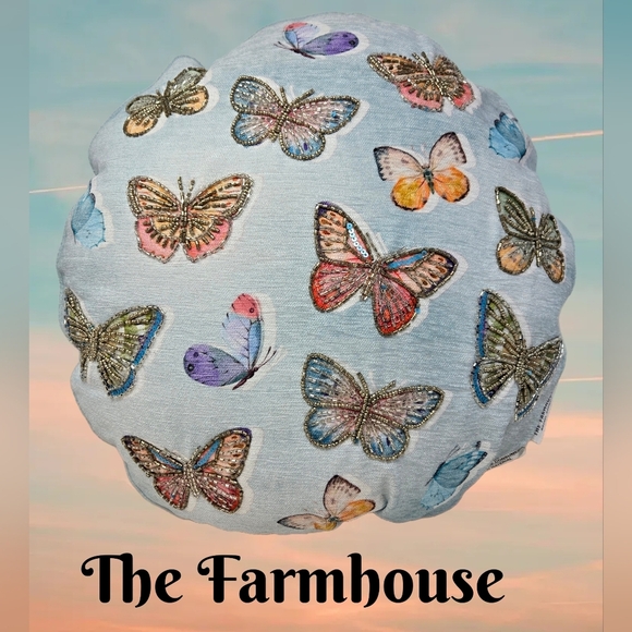 The Farmhouse Rachel Ashwell 17 Inch Round Pillow Beaded Butterflies Decorative - Picture 1 of 9